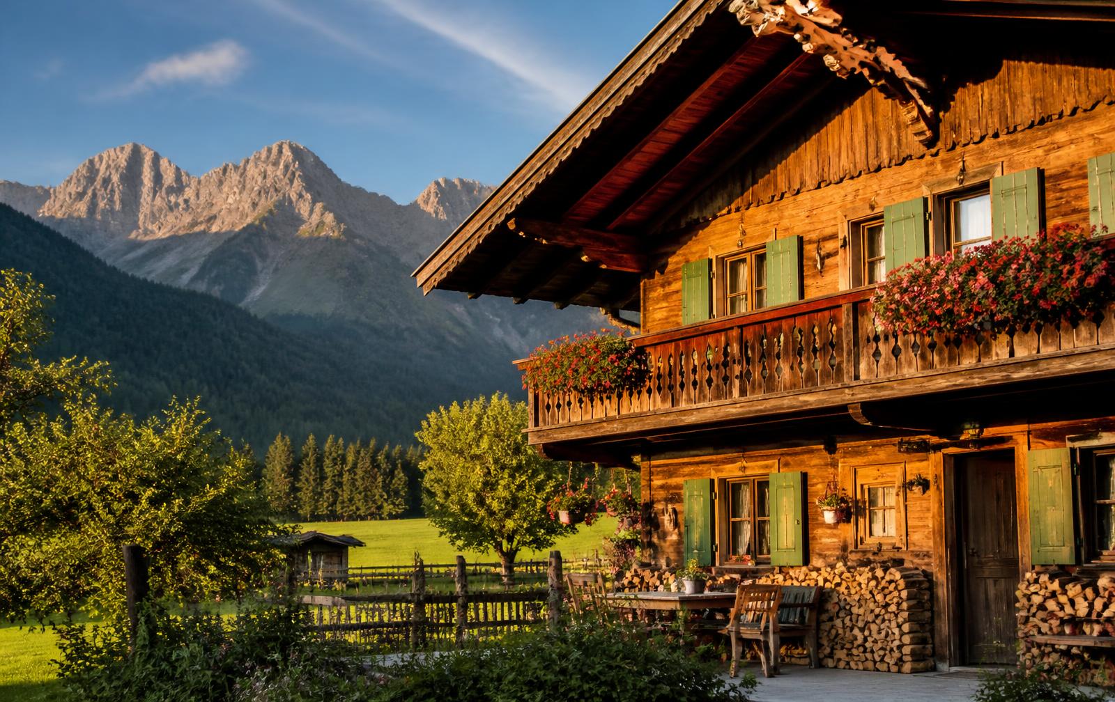 Chalet aus Holz in den Schweizer Alpen im Abendlicht