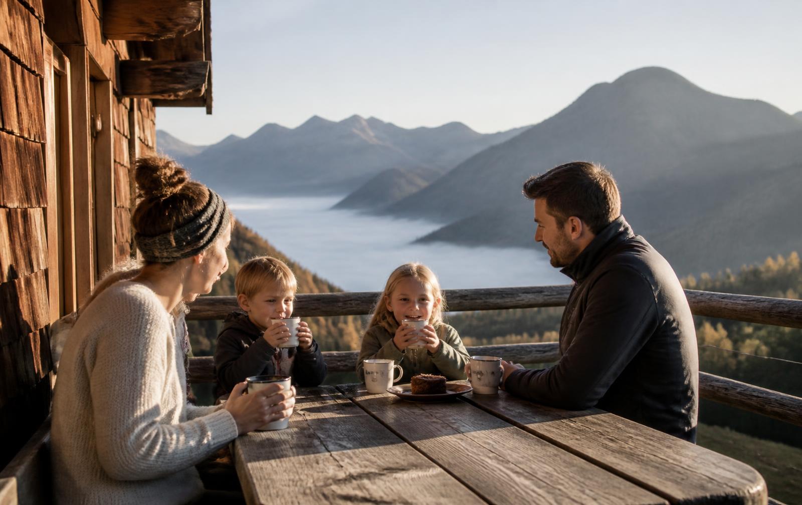 Familie beim Frühstück auf der Terrasse eines Chalets über dem Nebelmeer