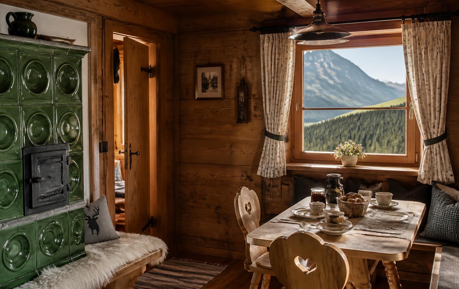 Innenansicht eines Schweizer Chalets mit Holzofen und Blick auf die Berge